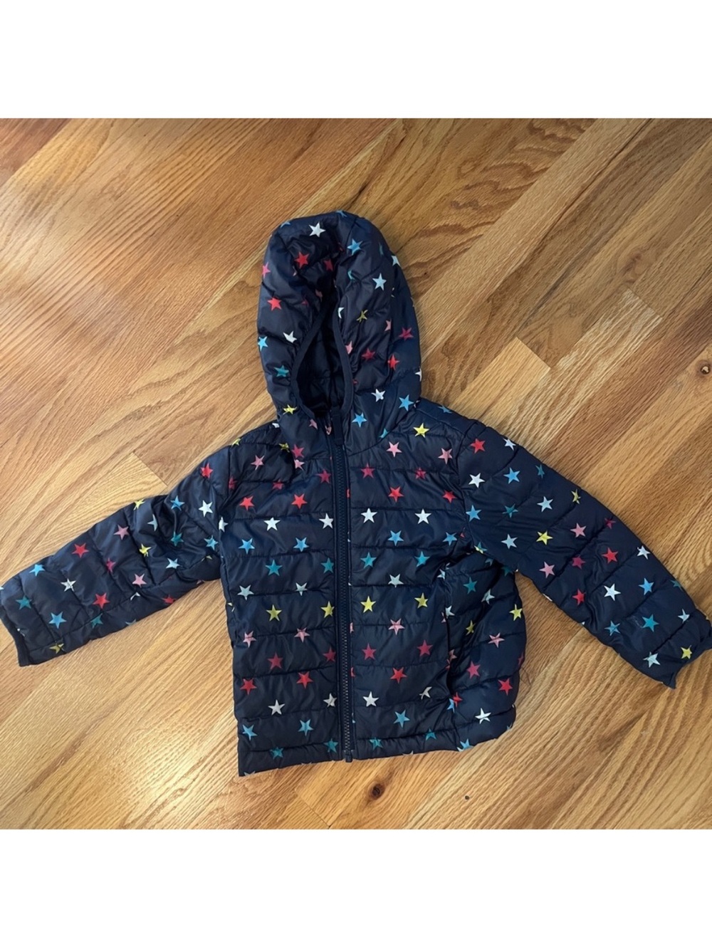 Primary Navy Hooded Puffer Jacket with Multicolor Stars